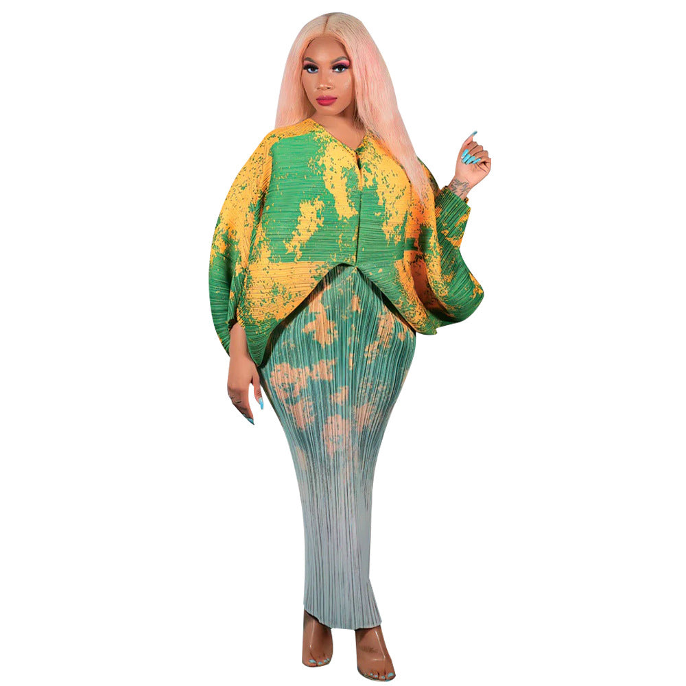 Dress  | Free Size Women V-neck Batwing Sleeve Printing Dress Kimono | Green Yellow Gradient |  Free Size| thecurvestory.myshopify.com