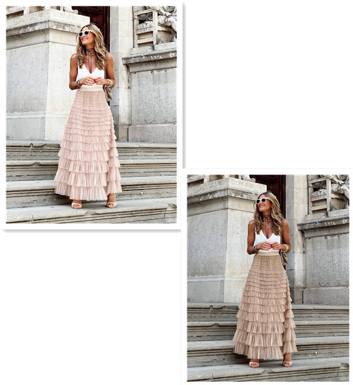 Skirt  | Plus size Womens Mesh Tiered Skirt | Khaki Pink |  L| thecurvestory.myshopify.com