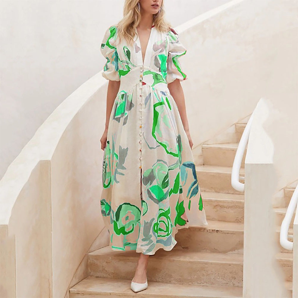dresses  | Print Dresses For Women Summer V-neck Button Short Sleeve Dress | Green |  L| thecurvestory.myshopify.com