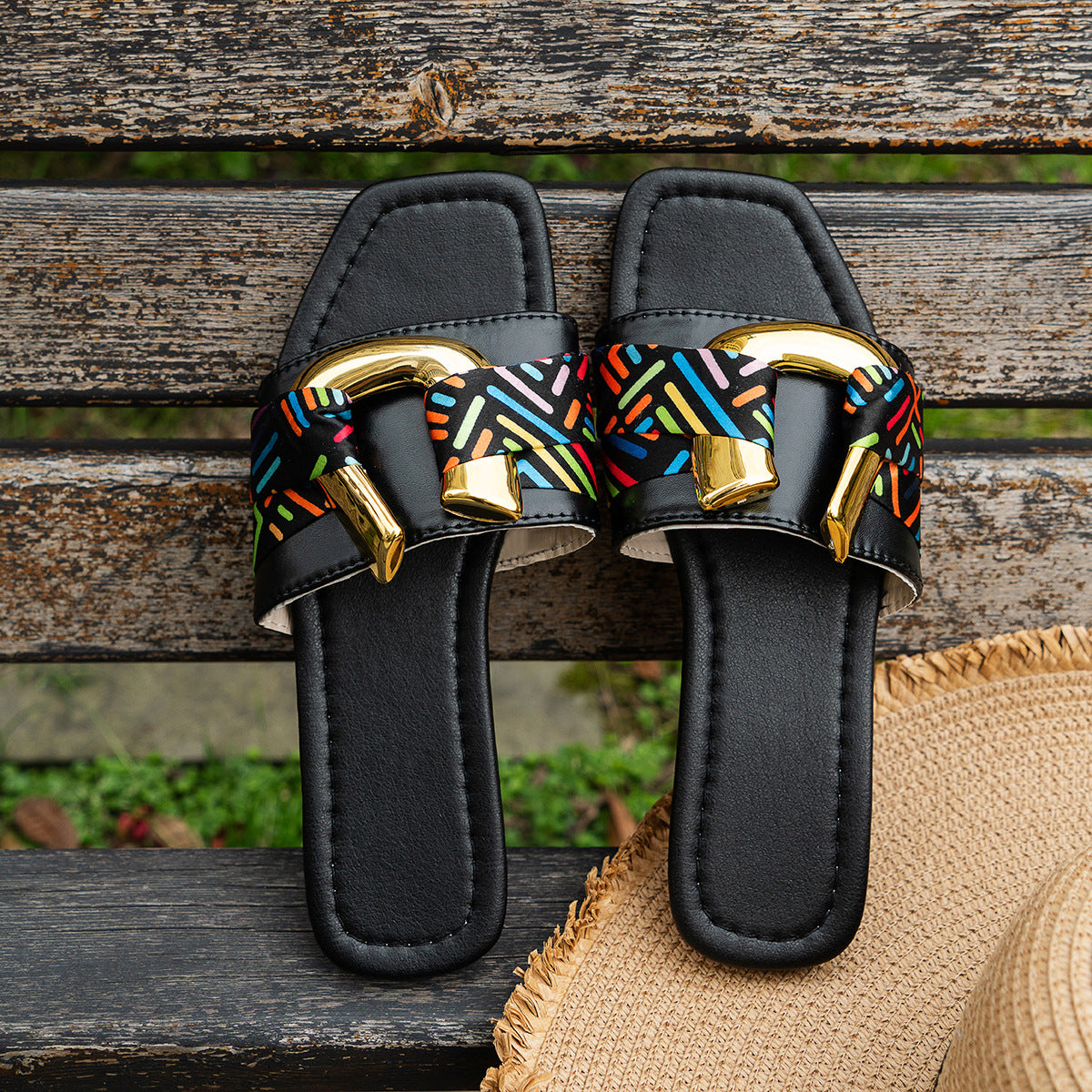 sandals  | Square Toe Flat Sandals Metal Buckle Slippers Summer Beach Shoes Women | [option1] |  [option2]| thecurvestory.myshopify.com