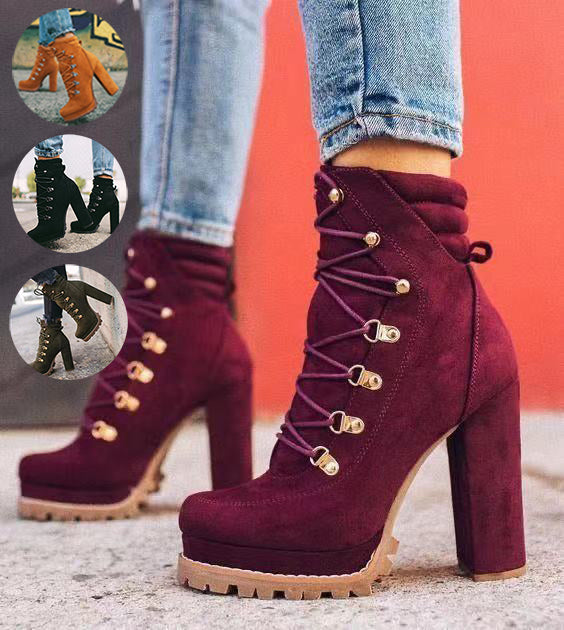 Boots  | Heeled Boots For Women Round Toe Lace UP High Heels Boots Mid Calf Shoes | |  | thecurvestory.myshopify.com