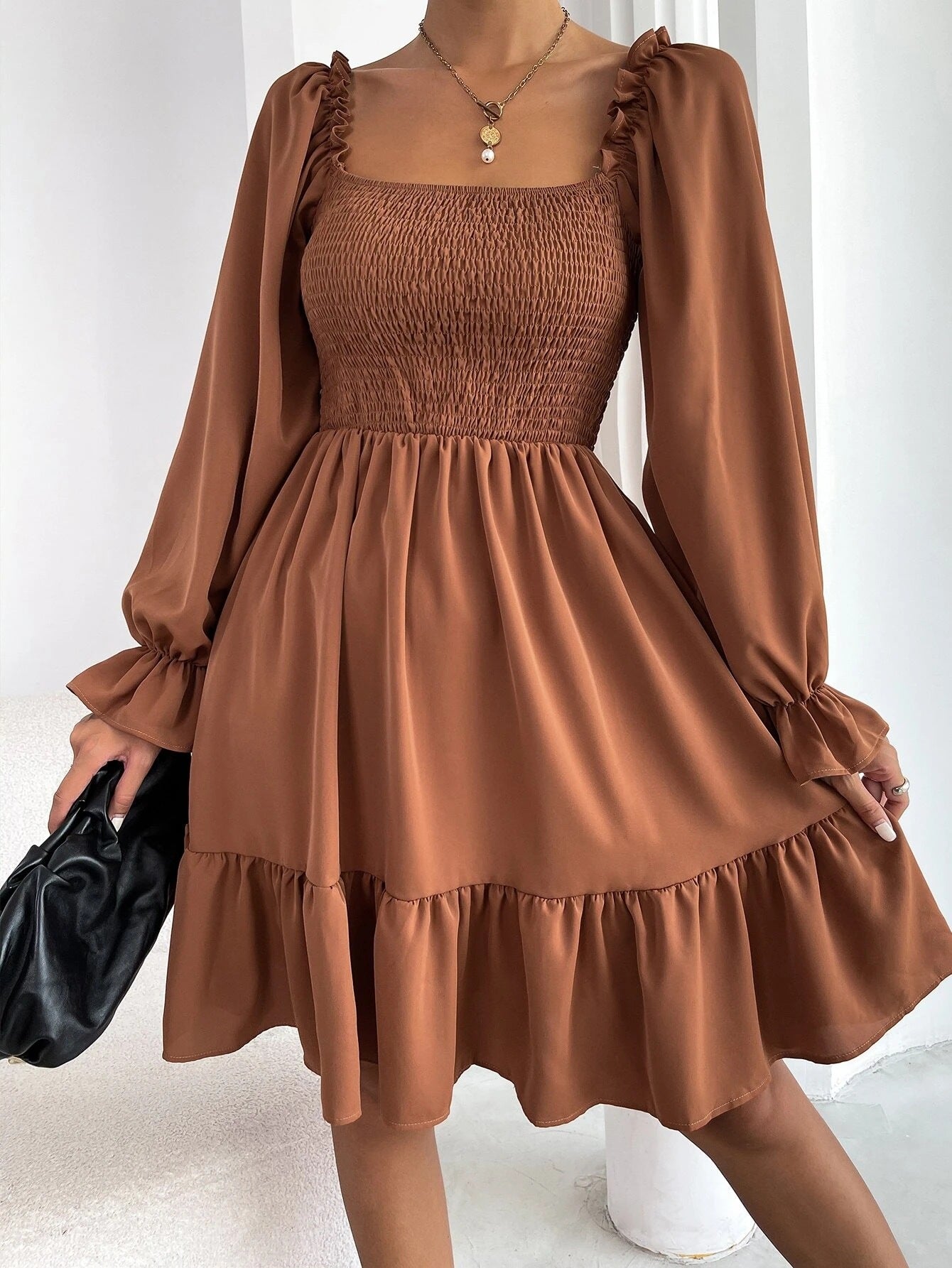dresses  | Flared Long Sleeve Dresses Women Square Neck Ruffled Swing Dress | Light Brown |  L| thecurvestory.myshopify.com