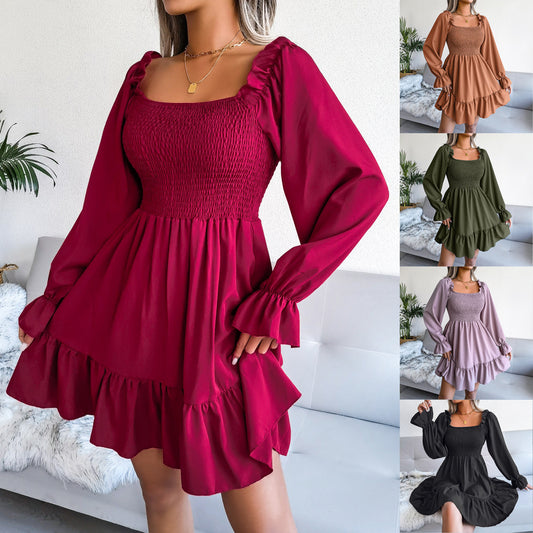dresses  | Flared Long Sleeve Dresses Women Square Neck Ruffled Swing Dress | [option1] |  [option2]| thecurvestory.myshopify.com