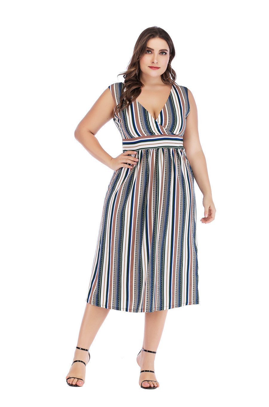 Dress  | Plus Size V-neck Striped Waist Slim-fit Sleeveless Long Dress | Blue Stripes |  2XL| thecurvestory.myshopify.com