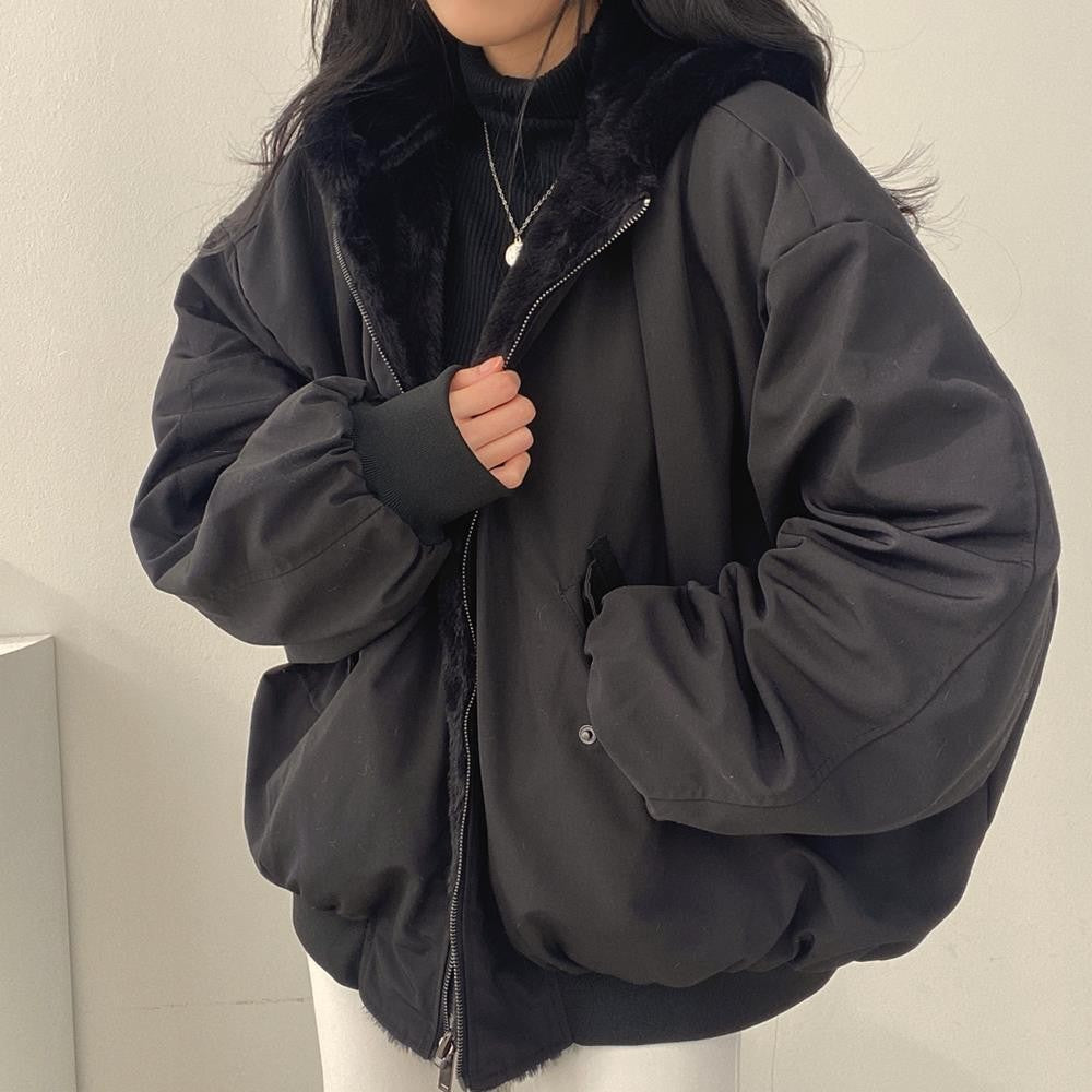 jackets  | Playful Elegance: Simple and Loose Thickened Cotton Coat with Hooded Collar for Ultimate Warmth | |  | thecurvestory.myshopify.com