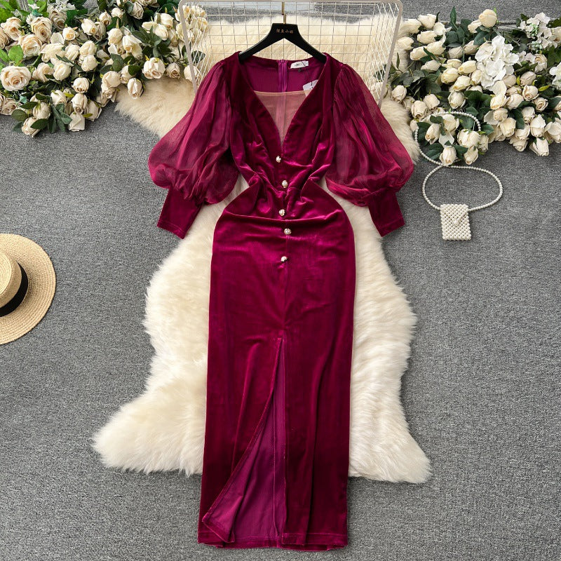 Dress  | Women Vintage Velvet Lantern Sleeve Slim Mid-length Split Knee-length Court Style Dress | Rose Red |  2XL| thecurvestory.myshopify.com