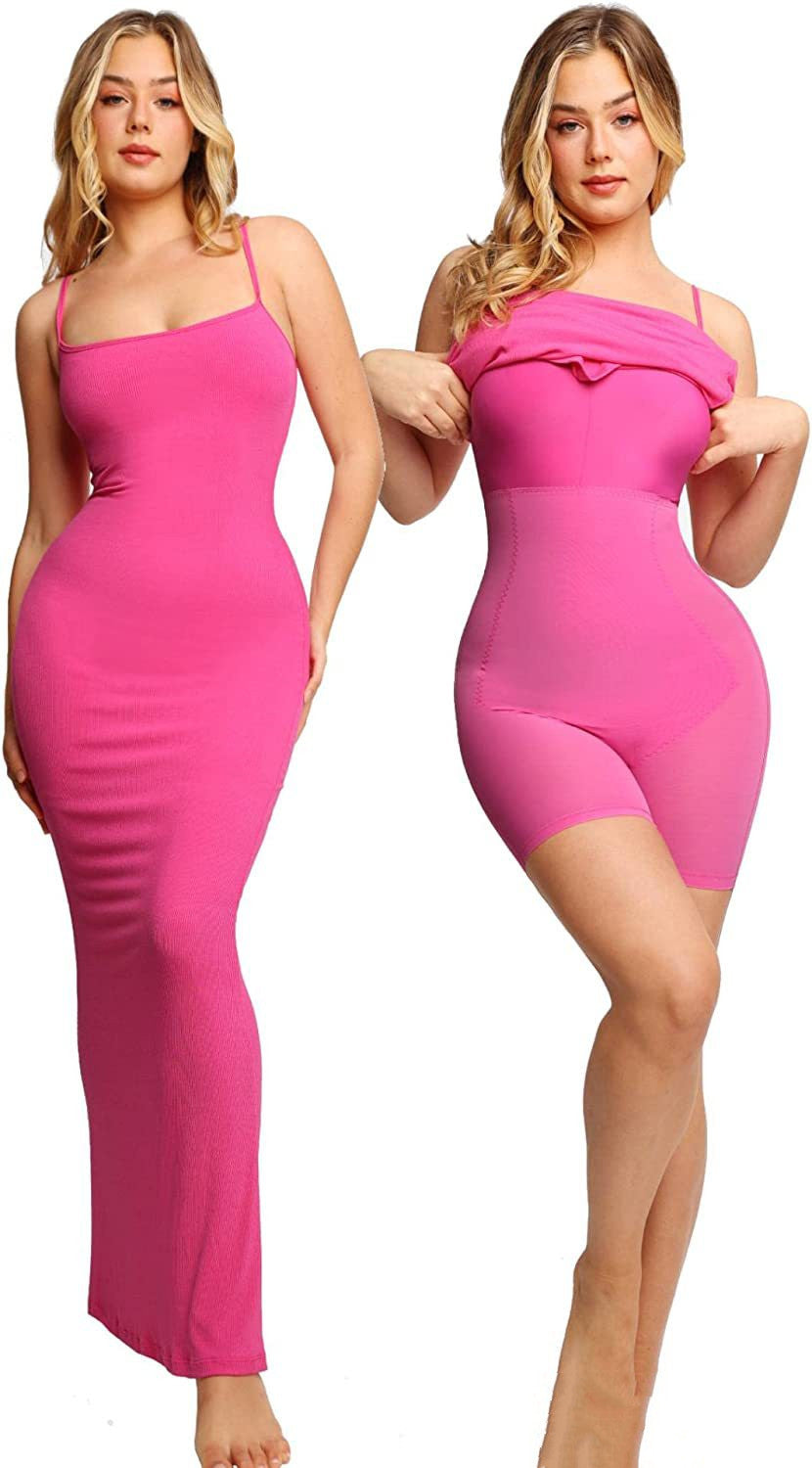 dresses  | Women's Shapewear Dress Jumpsuit Tummy Tuck Lift Corset Open Crotch Suspender Tight Long Skirt Chest Pad Bodysuit Dress | Rose Red |  2XL| thecurvestory.myshopify.com