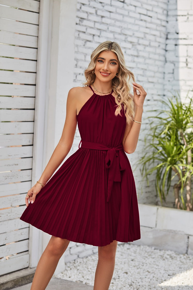 dresses  | Halter Strapless Dresses For Women Solid Pleated Skirt Summer Beach Sundress | Burgundy |  L| thecurvestory.myshopify.com