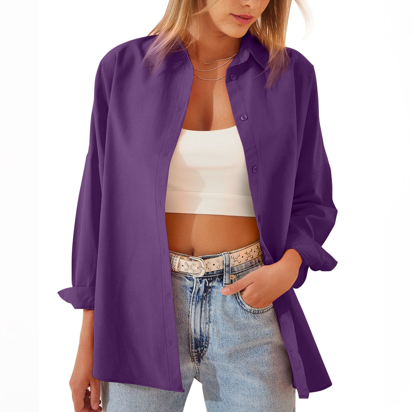 Shirt  | Women's Shirt Jacket Long Sleeve Blouse Button Down Tops Candy Color Shirt | Purple |  2XL| thecurvestory.myshopify.com