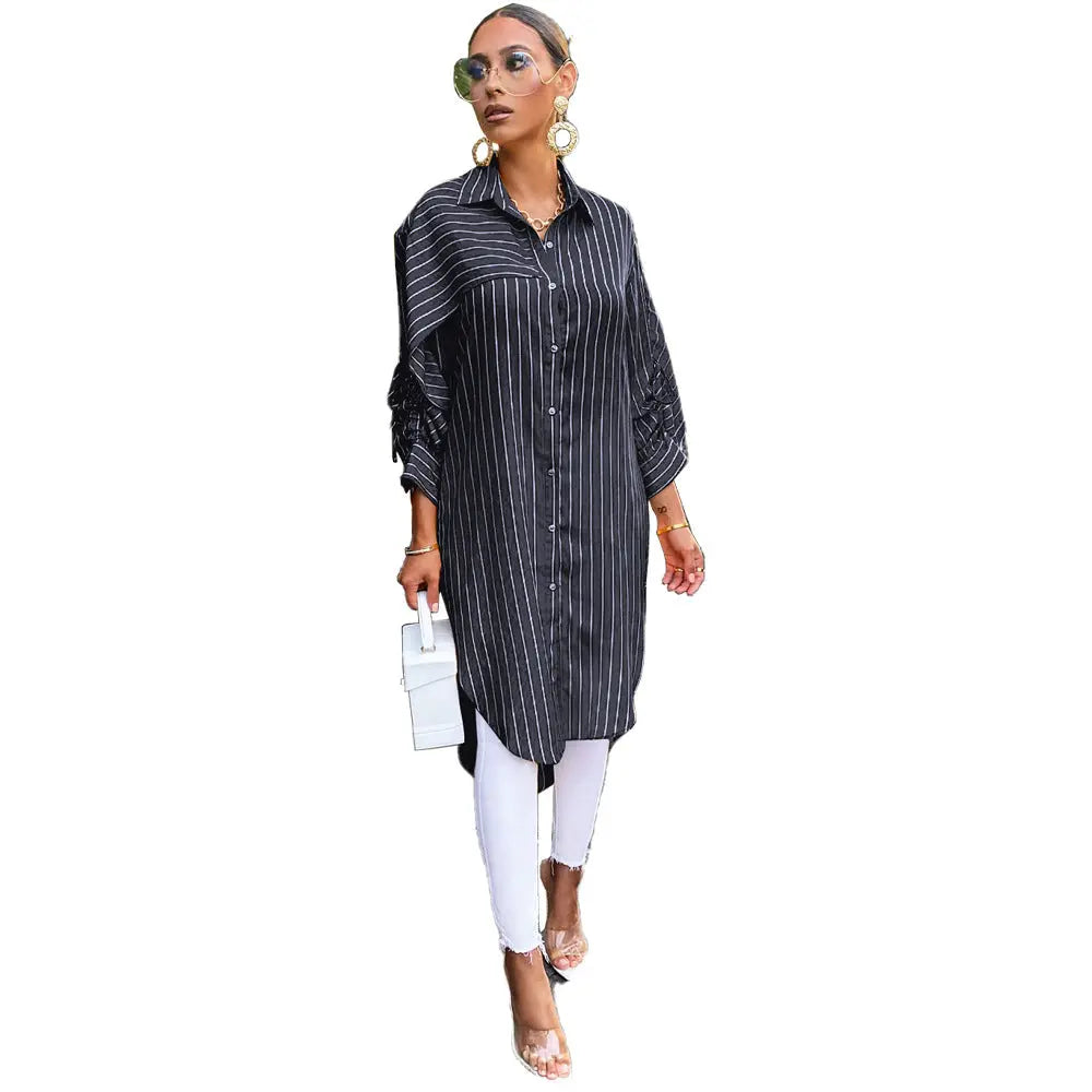 [product_type]  | Striped Shirt Loose Long Thin Coat Choose Top | Dark black |  2XL| thecurvestory.myshopify.com