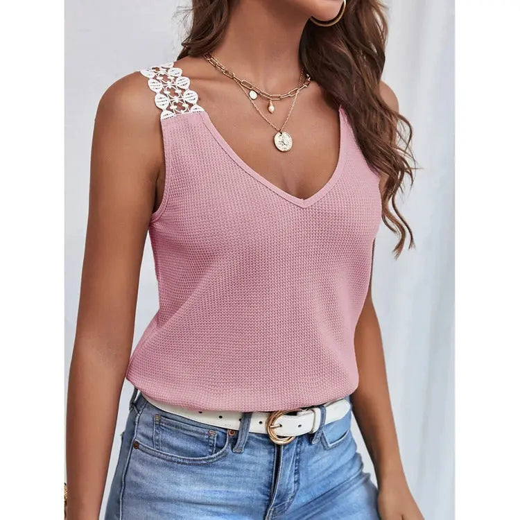 Waffle V-Neck Vest Sleeveless Lace Tank Shirt Tops Summer - Image #6