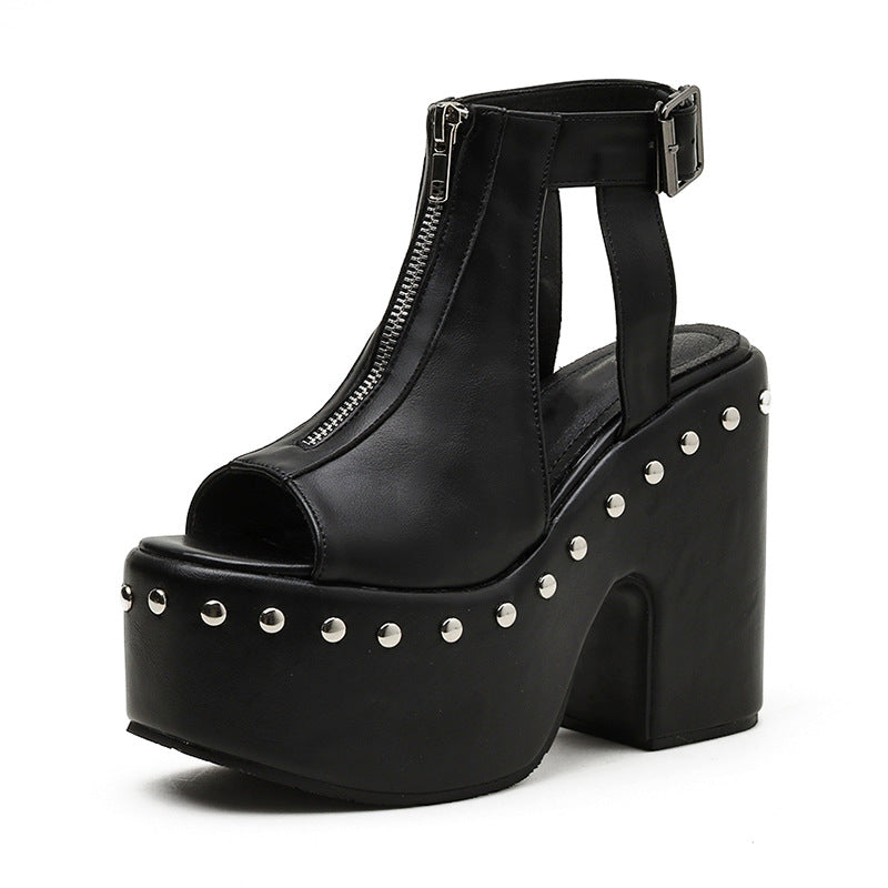 Heeled Sandals  | Women's Platform High Heel Front Zip Platform Vintage Rivet Sandals | Black |  35| thecurvestory.myshopify.com