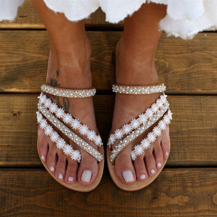 sandals  | Women's Sandals Mules Boho Beach Shoes Rhinestone Lace Beading Flat Slippers | White |  Size35| thecurvestory.myshopify.com