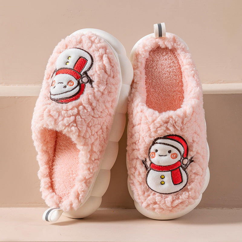 Slippers  | Cute Snowman Slippers Winter Indoor Household Warm Plush Thick-Soled Anti-slip Couple Home Slipper Soft Floor Bedroom House Shoes | Pink |  36or37| thecurvestory.myshopify.com