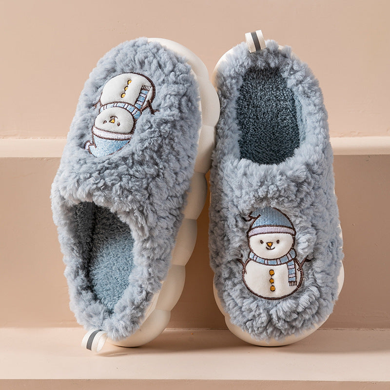 Slippers  | Cute Snowman Slippers Winter Indoor Household Warm Plush Thick-Soled Anti-slip Couple Home Slipper Soft Floor Bedroom House Shoes | Grey |  40or41| thecurvestory.myshopify.com