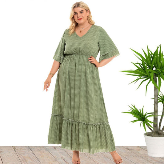 Dress  | Bohemian Plus Size Women's Fashion Polka Dot Dress Women | Green |  2XL| thecurvestory.myshopify.com