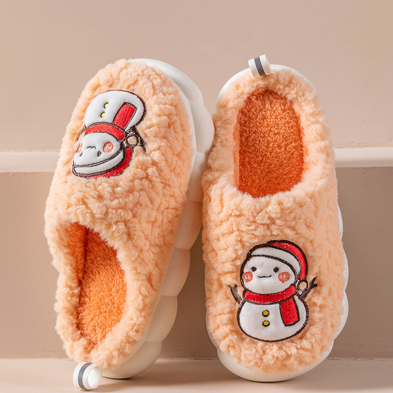 Slippers  | Cute Snowman Slippers Winter Indoor Household Warm Plush Thick-Soled Anti-slip Couple Home Slipper Soft Floor Bedroom House Shoes | Orange |  36or37| thecurvestory.myshopify.com