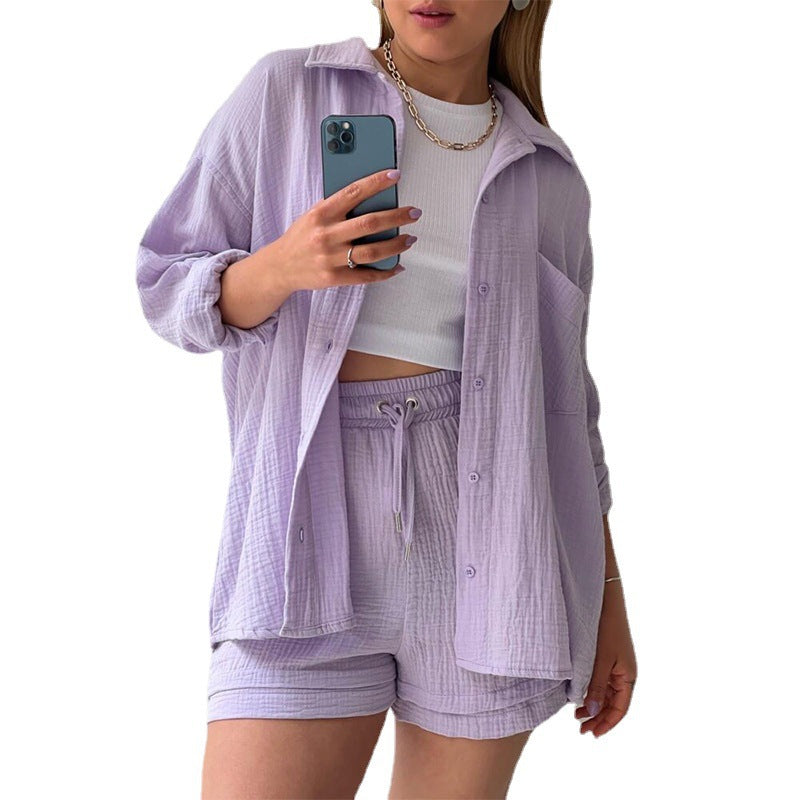 co-ord sets  | Spring Champray Lapel Long Sleeve Shirt High Waist Drawstring Shorts Plus Size Fashion Casual Set | [option1] |  [option2]| thecurvestory.myshopify.com