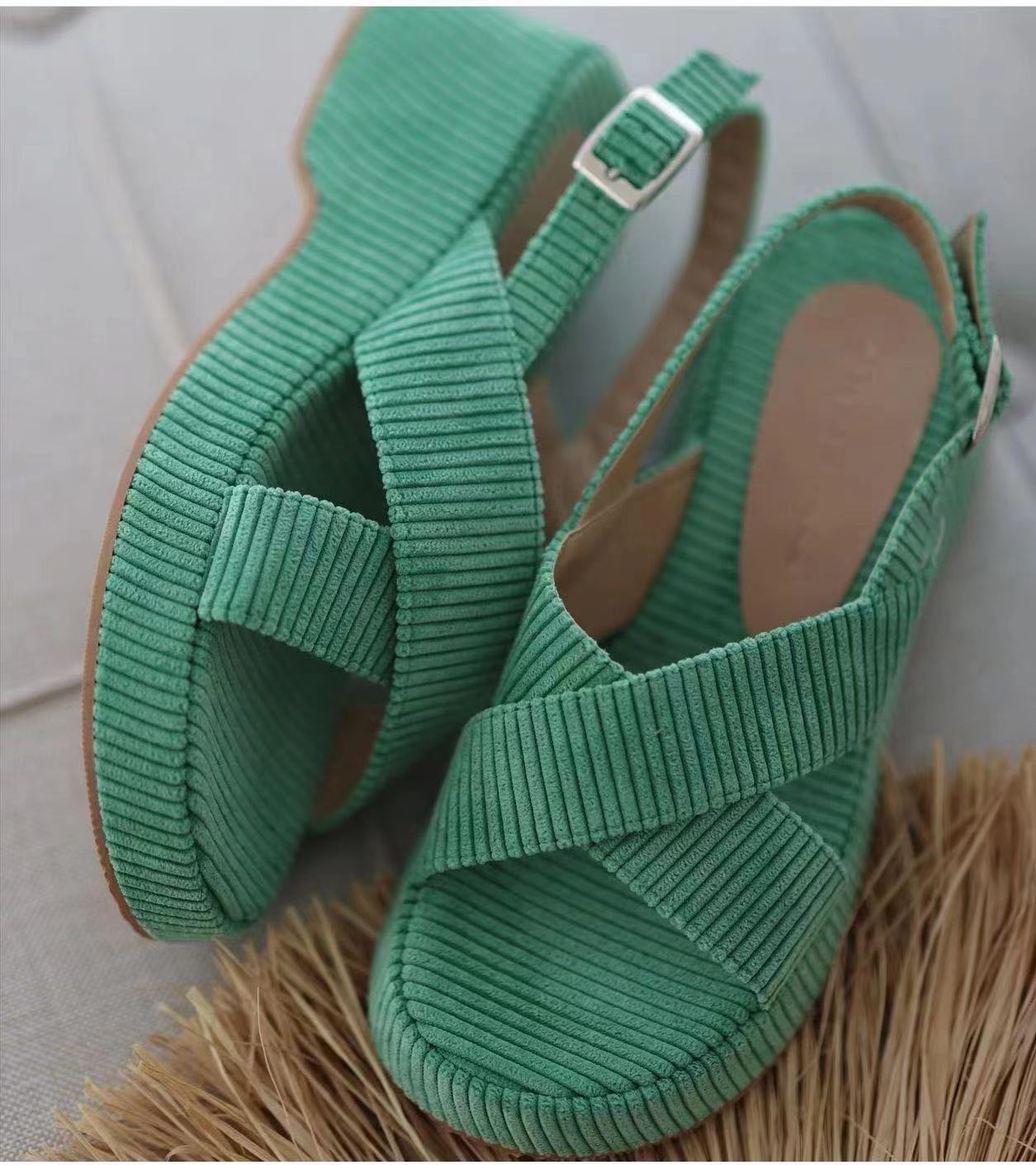 Platform sandals  | Women Suede Cross Strap Casual Fashion Open Toe Sandals | Green |  36| thecurvestory.myshopify.com
