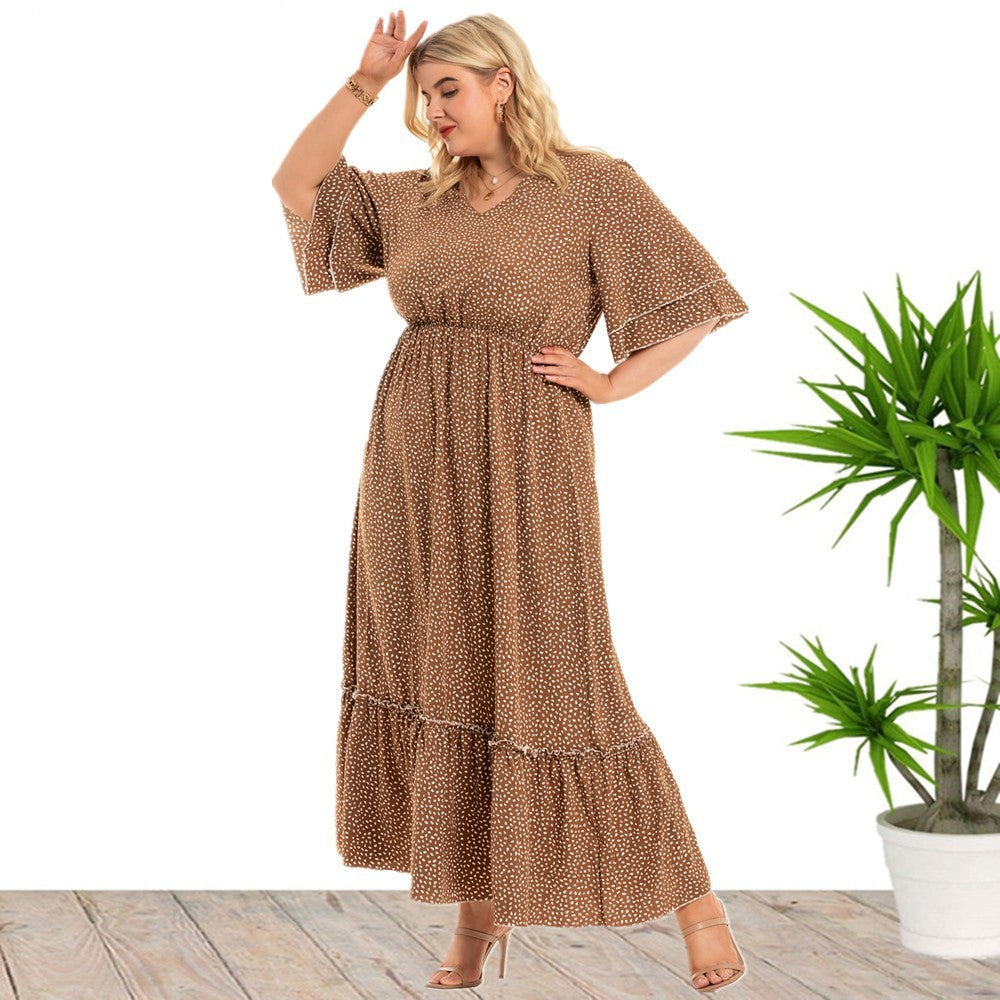 Dress  | Bohemian Plus Size Women's Fashion Polka Dot Dress Women | Brown |  2XL| thecurvestory.myshopify.com