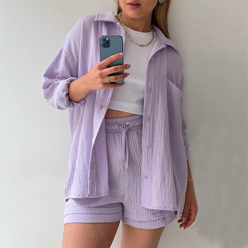 co-ord sets  | Spring Champray Lapel Long Sleeve Shirt High Waist Drawstring Shorts Plus Size Fashion Casual Set | Light Purple |  2XL| thecurvestory.myshopify.com