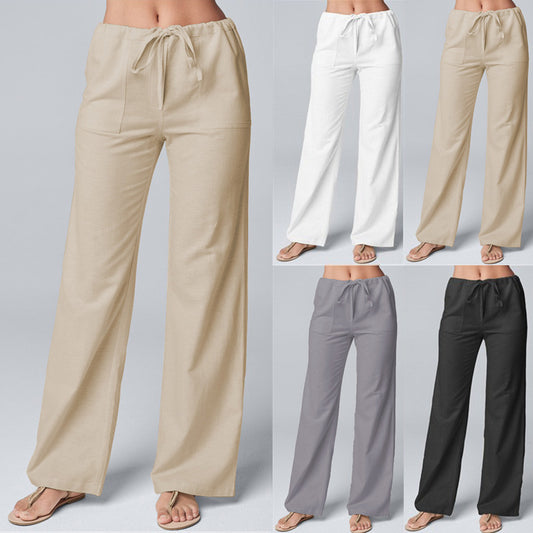 Pants  | Women's Fashion Solid Color Loose Lace-up Cotton And Linen Straight-leg Pants | |  | thecurvestory.myshopify.com