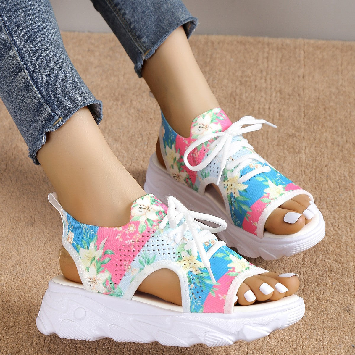 sandals  | Print Lace-up Sports Sandals Summer Peep Toe Casual Mesh Shoes | Pink Blue |  35.| thecurvestory.myshopify.com