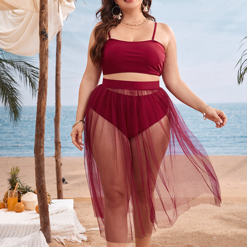 Swimsuit  | Plus Size Bikini Split Swimsuit Mesh Skirt | Wine Red |  2XL| thecurvestory.myshopify.com