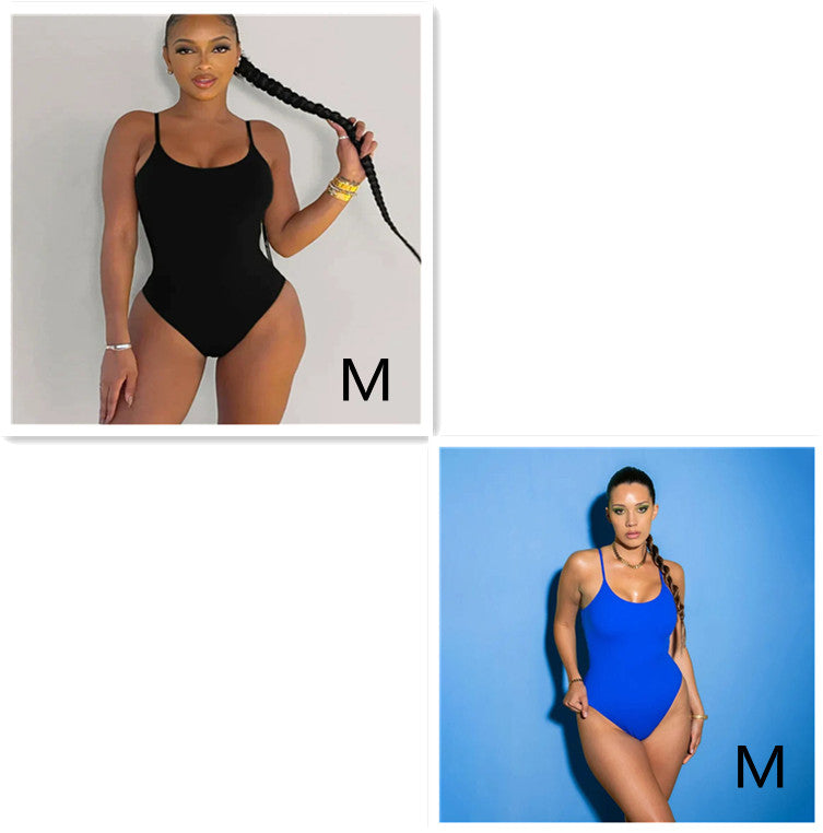 Swimsuit  | Sling Backless Plus Size Solid Color Triangle One-piece Swimsuit | Black Blue Round Neck |  M| thecurvestory.myshopify.com