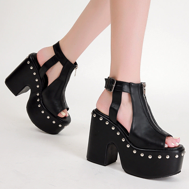 Heeled Sandals  | Women's Platform High Heel Front Zip Platform Vintage Rivet Sandals | |  | thecurvestory.myshopify.com
