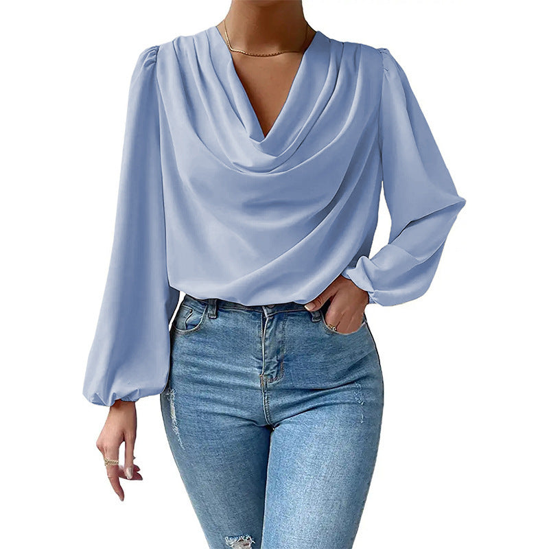 Tops  | Chiffon Long-sleeved Shirt Loose V-neck Top T-shirt Women's Clothing | Sky blue |  3XL| thecurvestory.myshopify.com