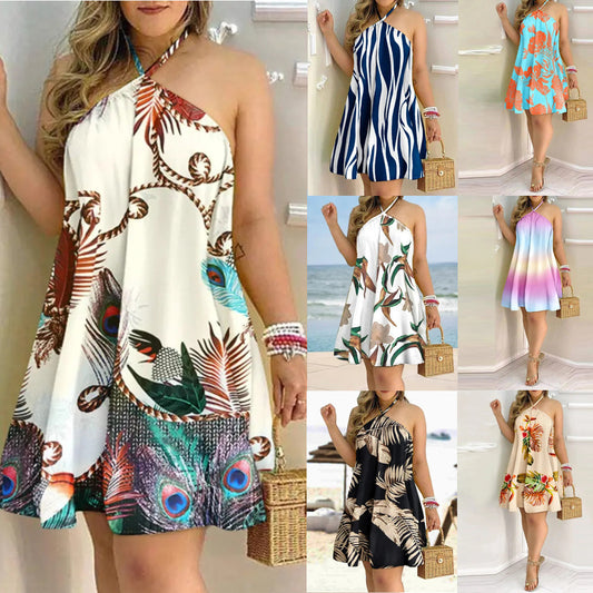 dresses  | Printed Dress Summer Off-Shoulder Hanging Neck Sleeveless Sexy Dresses Women | [option1] |  [option2]| thecurvestory.myshopify.com