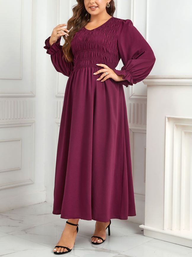 Plus size Pleated puff sleeves dress