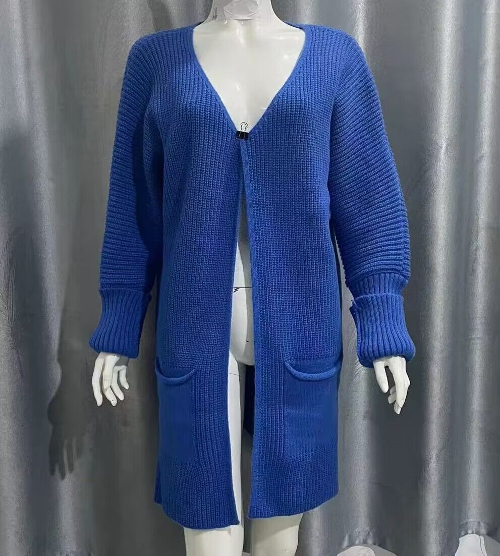 cardigans  | New Solid Color Loose Knitted Sweater Mid-length Coat | Sapphire Blue |  L| thecurvestory.myshopify.com