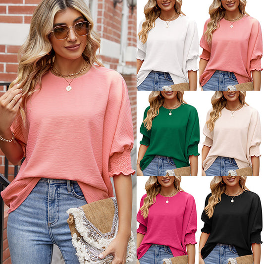 Tops  | Women's Loose T-shirt With Elastic Sleeves Solid Color Outfit Fashion Tops Clothes | [option1] |  [option2]| thecurvestory.myshopify.com