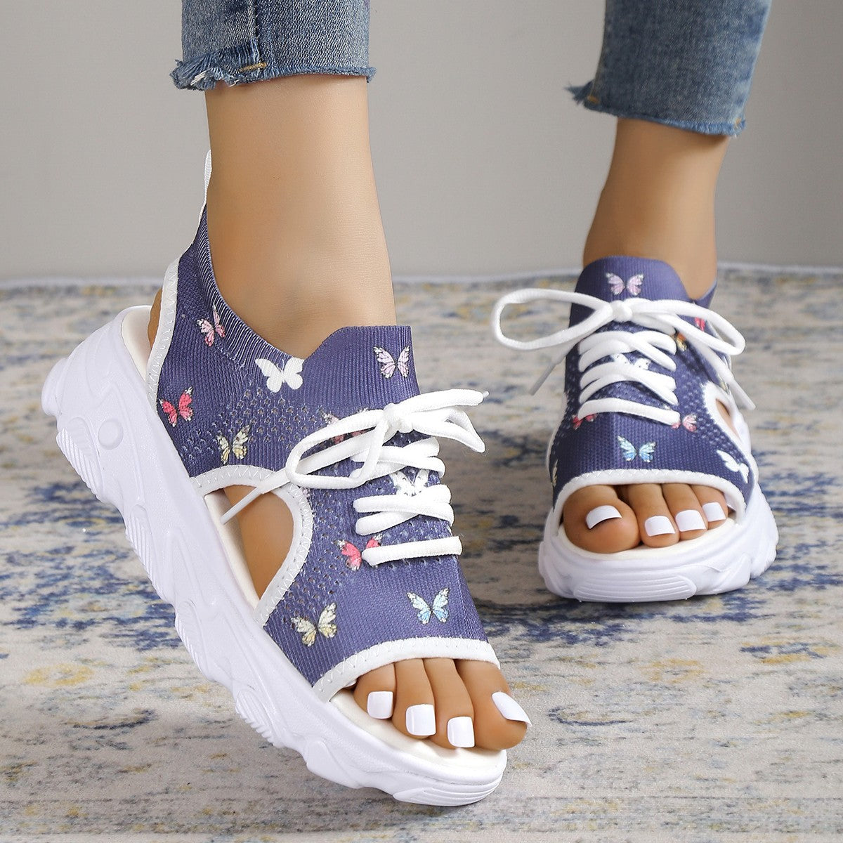 sandals  | Print Lace-up Sports Sandals Summer Peep Toe Casual Mesh Shoes | Purple Butterfly |  35.| thecurvestory.myshopify.com