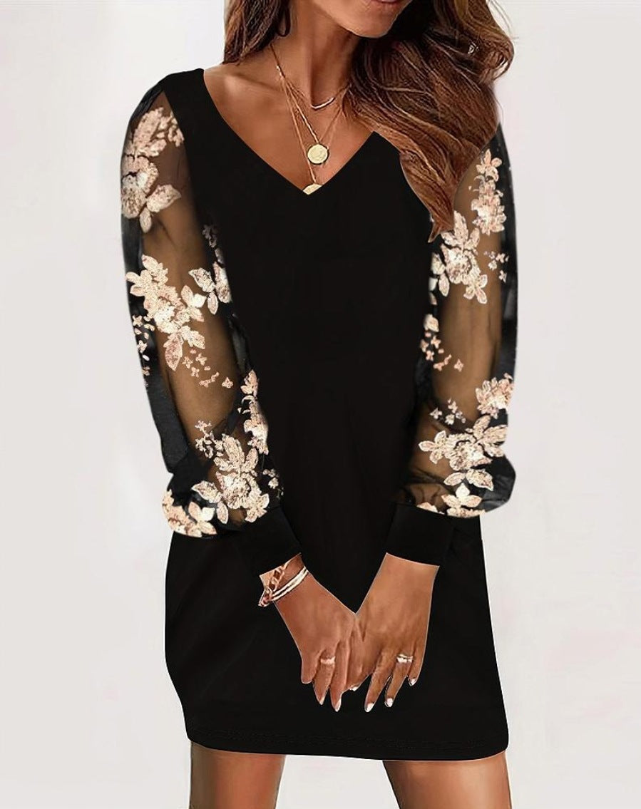 Dress  | Long-sleeved V-neck Lace Splicing Dress For Women | Khaki |  L| thecurvestory.myshopify.com