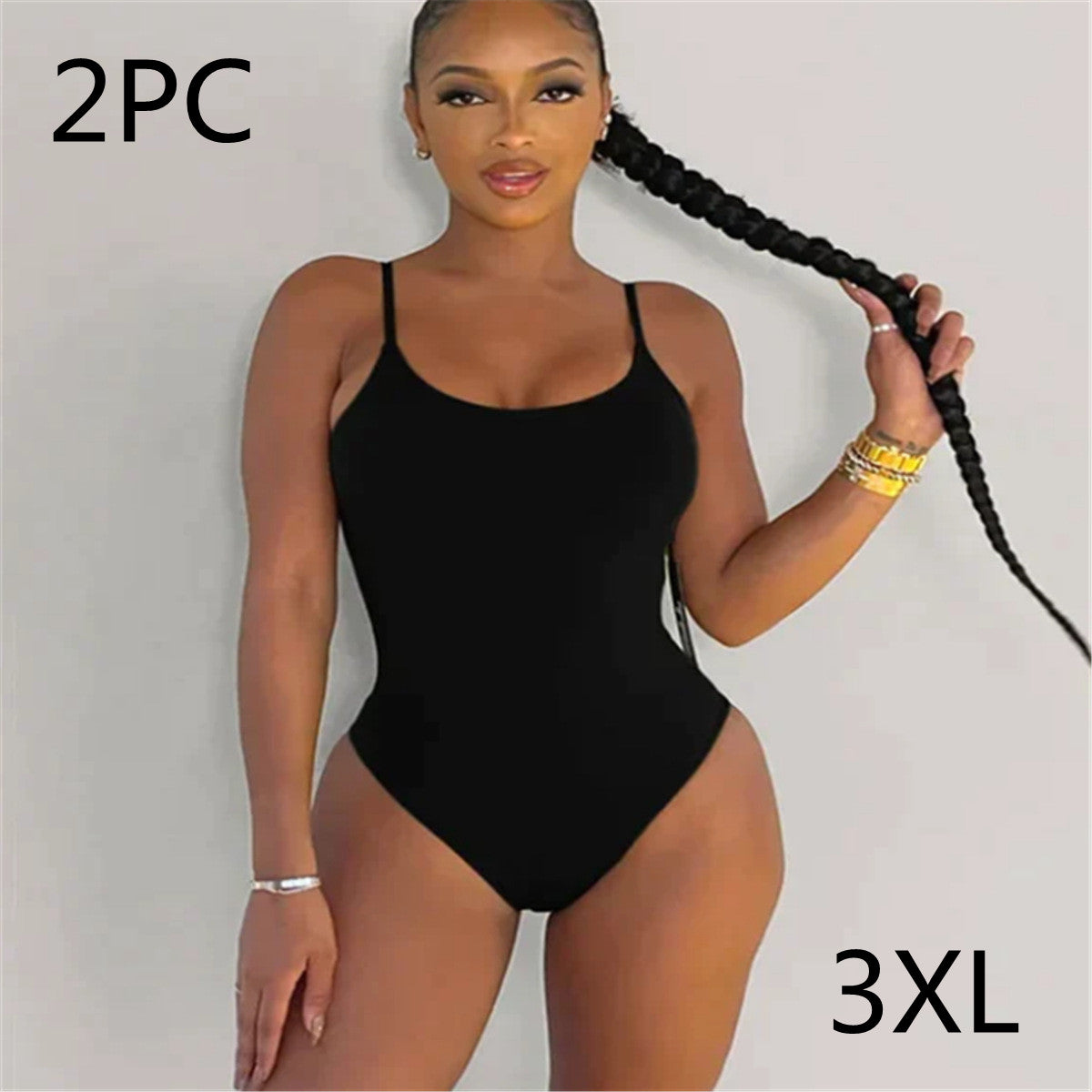 Swimsuit  | Sling Backless Plus Size Solid Color Triangle One-piece Swimsuit | Black Round Neck 2PC |  3XL| thecurvestory.myshopify.com