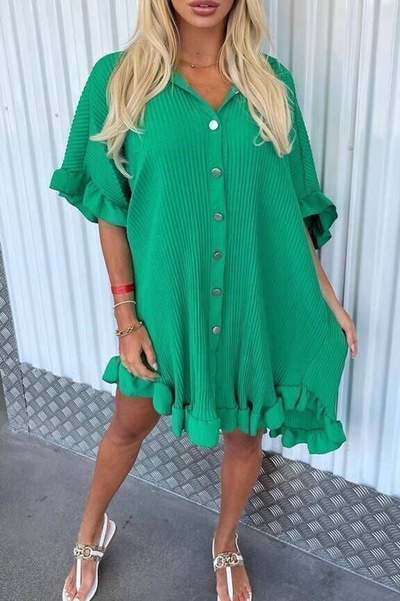 Dress  | Summer Solid Color Shirt Dress Ruffle Sleeve Irregular Shirt Dress | Green |  3XL| thecurvestory.myshopify.com