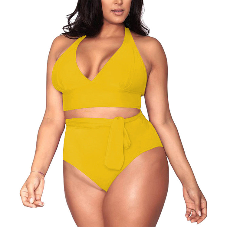 Swimsuit  | Plus size straps sexy bikini multi-rope belt deep V high waist swimsuit women | Yellow |  3XL| thecurvestory.myshopify.com