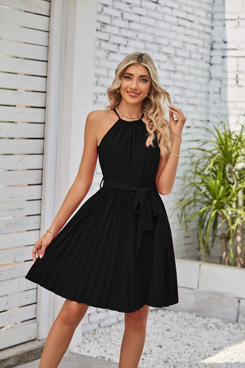 dresses  | Halter Strapless Dresses For Women Solid Pleated Skirt Summer Beach Sundress | Black |  L| thecurvestory.myshopify.com
