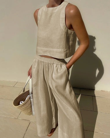 Jumpsuit  | Loose Solid Color Sleeveless Shirt And Trousers Two-piece Set | Off white |  L| thecurvestory.myshopify.com