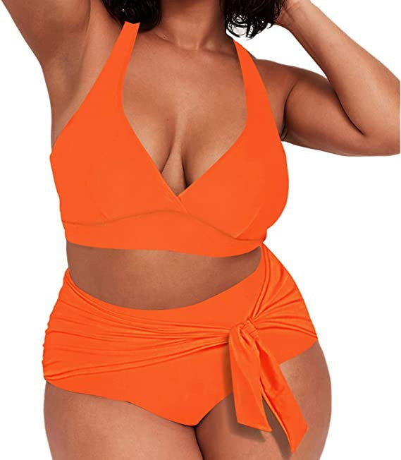Swimsuit  | Solid Color Split Sexy Plus Size Fashion Swimsuit | Orange |  2XL| thecurvestory.myshopify.com