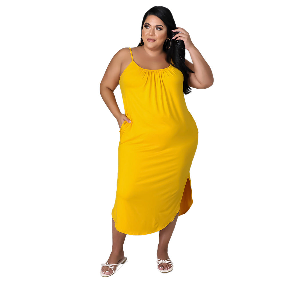 Dress  | Women Plus Size Spaghetti Strap Solid Color Wrapped Dress | Yellow |  3XL| thecurvestory.myshopify.com