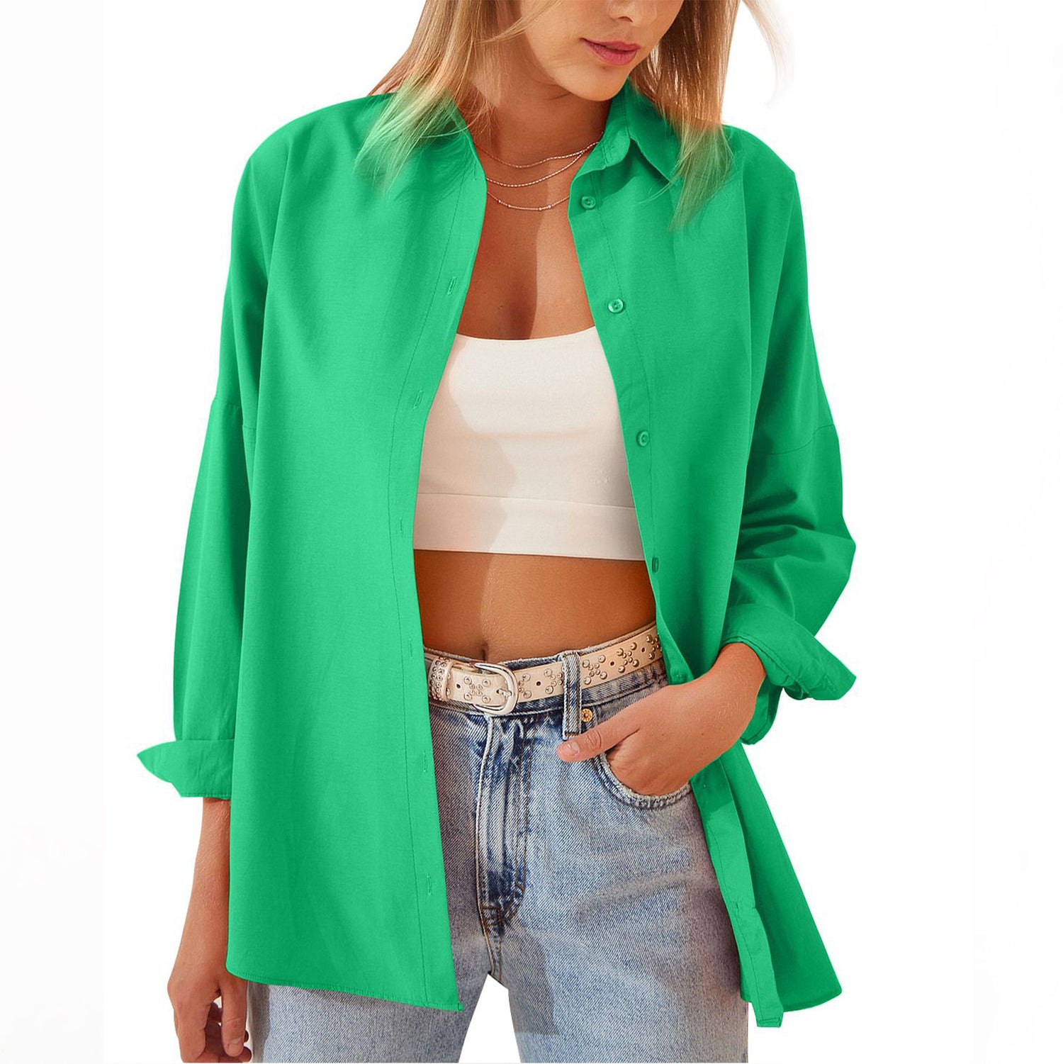 Shirt  | Women's Shirt Jacket Long Sleeve Blouse Button Down Tops Candy Color Shirt | Green |  2XL| thecurvestory.myshopify.com