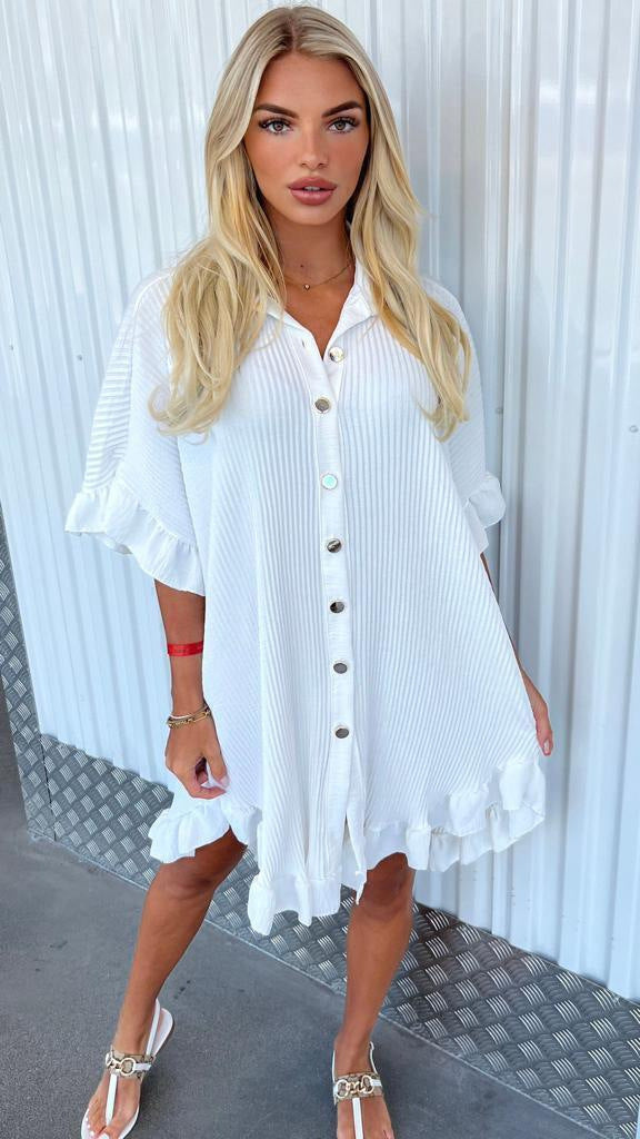 Dress  | Summer Solid Color Shirt Dress Ruffle Sleeve Irregular Shirt Dress | White |  3XL| thecurvestory.myshopify.com