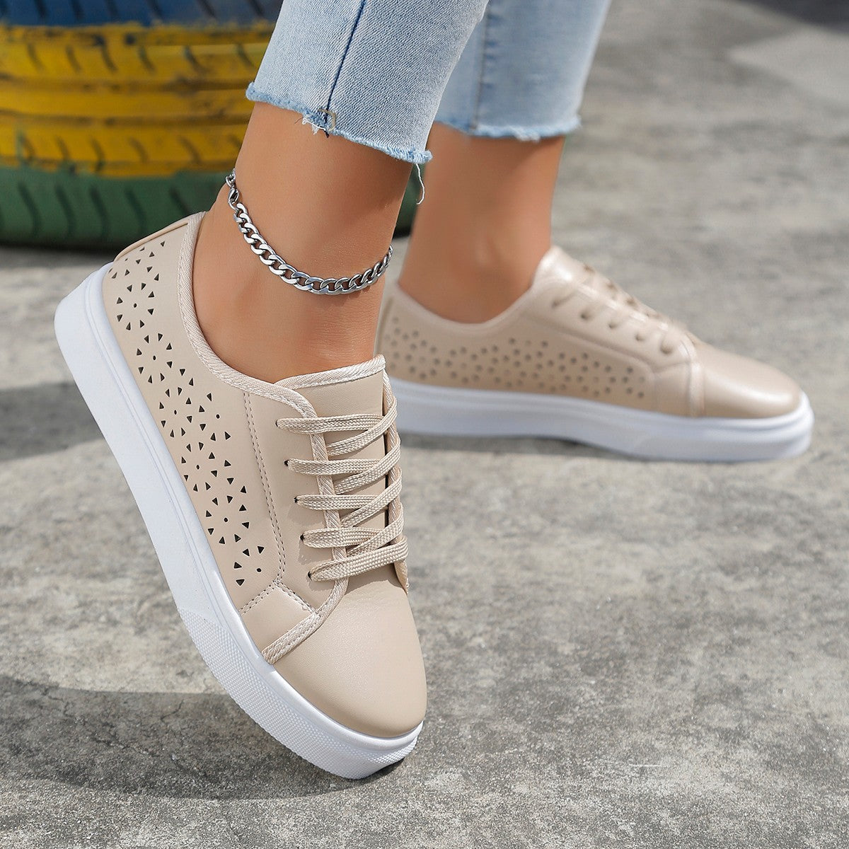 sneakers  | Cutout Flat Shoes Lace-up Hollow Out Walking Shoes For Women Loafers | Apricot |  36.| thecurvestory.myshopify.com