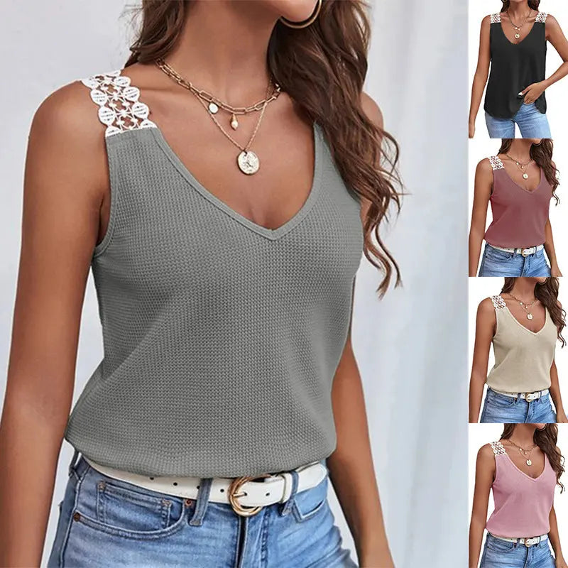 Waffle V-Neck Vest Sleeveless Lace Tank Shirt Tops Summer - Image #1