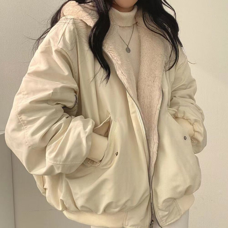 jackets  | Playful Elegance: Simple and Loose Thickened Cotton Coat with Hooded Collar for Ultimate Warmth | Apricot |  2XL| thecurvestory.myshopify.com