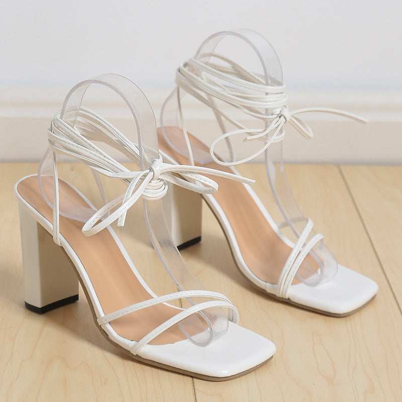 Heeled Sandals  | Lace Up Strappy Sandals Summer Chunky Heel Square Toe Shoes Fashion | White |  Size35| thecurvestory.myshopify.com